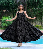 Rayon Bhandaj-style full gown with matching kurta, sleeveless, printed net, size N (36/32/40 in), Indian fashion for women on display
