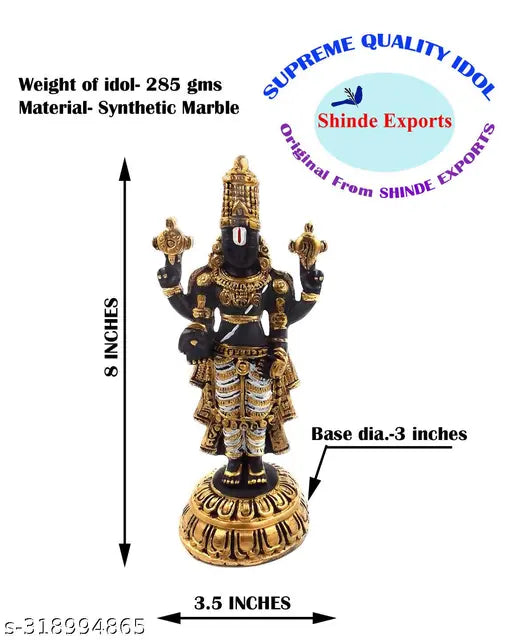 Marble Balaji Idol, premium Tirupati statue for Pooja Room or Car Dashboard (9cm x 20cm x 7.5cm, 285gms)