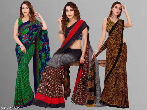 Set of 3 printed Georgette sarees, traditional style, unstitched, blouse piece included