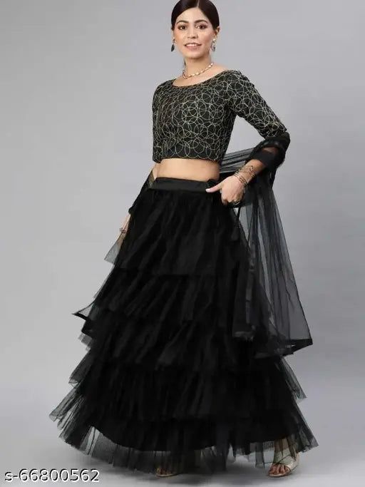 Satin and net Bansuri Lehenga Choli with dupatta, embroidered, ruffle bottom, lace dupatta. Free size, semi-stitched, 100% best quality Indian traditional wear