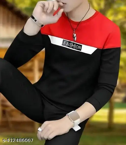 Cotton blend colorblocked round neck full sleeve t-shirt, long sleeves in sizes S-XXL, origin India