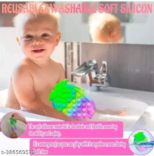 This appears to be an image featuring a baby in a bathtub, with the focus on a brightly colored object that resembles a slingbag or diaper. The slingbag is large and colorful, possibly made of soft silicone material. The text suggests it may contain multiple pockets or compartments for storage