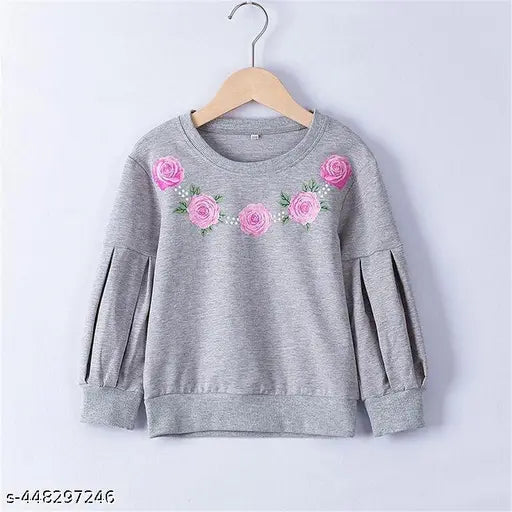 Stylish printed cotton crew neck sweatshirt for girls with long pleated sleeves, flower design. Size options: 4-5 years, 5-6 years, 6-7 years, 7-8 years, 8-9 years. Made in India