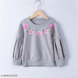 Stylish printed cotton crew neck sweatshirt for girls with long pleated sleeves, flower design. Size options: 4-5 years, 5-6 years, 6-7 years, 7-8 years, 8-9 years. Made in India