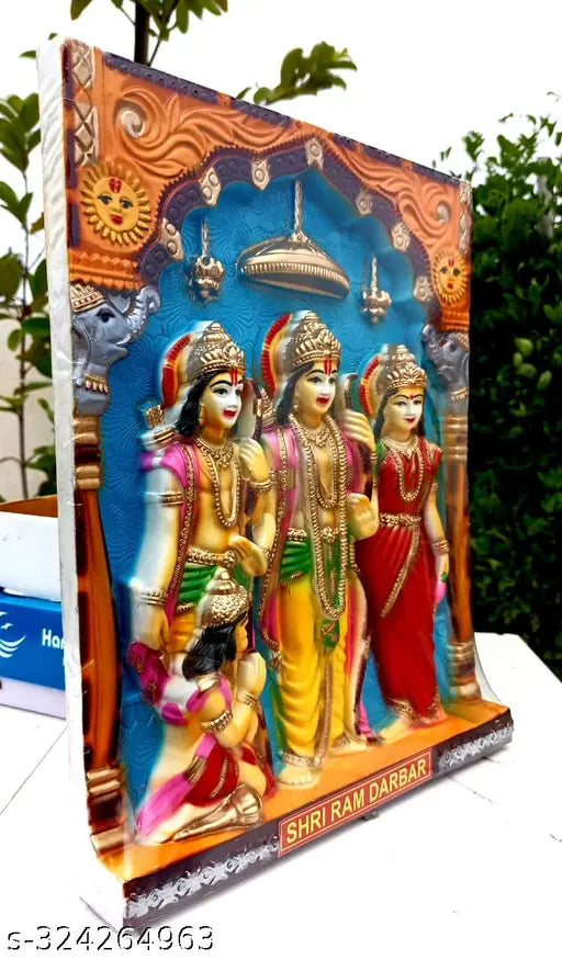 Multicolor plastic Ram Darbar religious figurine, intricately detailed Indian god idol for home decor, gifting, or wall hanging