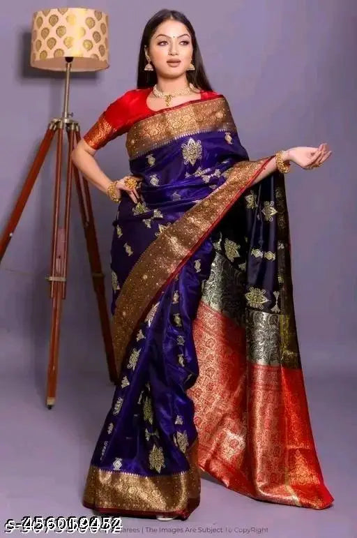 Golden Sambhalpuri embroidery Banarasi silk saree with satin running blouse, Indian handcrafted traditional beauty