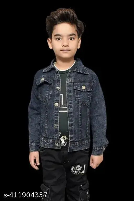 Dark blue denim jacket with zip front and pockets on sides