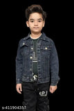 Dark blue denim jacket with zip front and pockets on sides