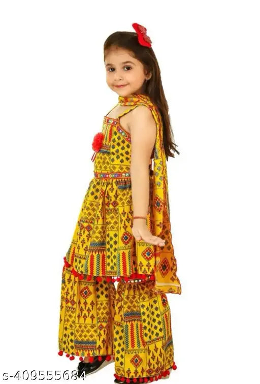 Yellow ethnic Kurta & Sahrara set with dupatta, cotton rayon fabric, anarkali shape, printed pattern, sleeveless, comfortable for all ages