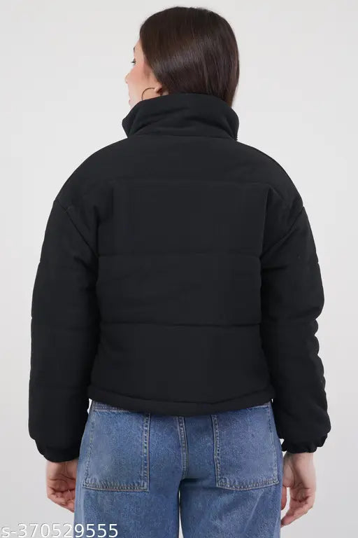 Polycotton full sleeves high neck oversized bomber jacket for women, solid color, free size (bust 40in, length 21in), perfect for trendy outfits