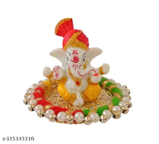 Handcrafted polyresin Lord Ganesh Idol on plate, vibrant for living room, temple, or car dashboard - 9cm