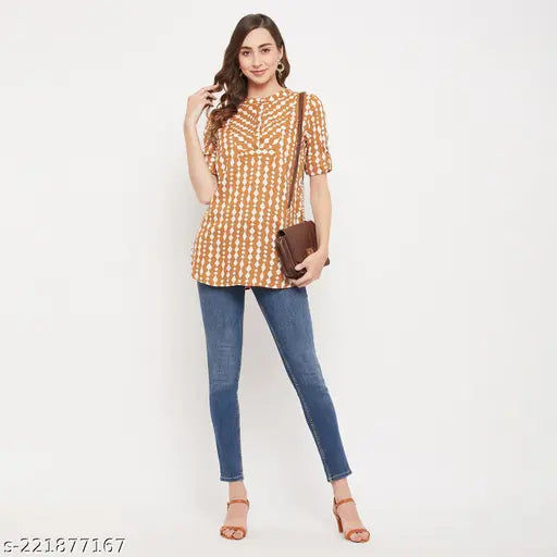 Mustard and white rayon-printed tunic for women, long sleeves, vibrant Indian design