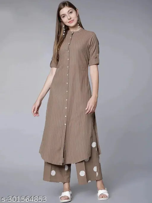 Cotton printed kurti pant set for women, three-quarter sleeves, palazzos style, Indian handloom design
