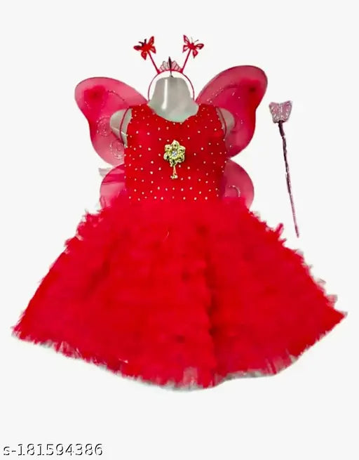 Red cotton blend raviya PANKHWALA with embellished net sleeves for toddlers (12-18 months - 3-4 years), made in India