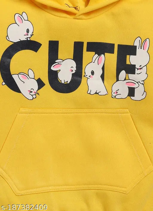 Yellow cotton Lazy Shark girls hoodie with bunny and typography print, long sleeves, pocket on chest, 2-8 years, made in India