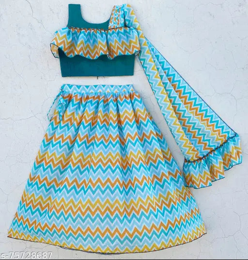 Sky blue chiffon lehenga with ruffled print, sleeveless and U-neck, for 6-14 years old, Indian fusion party wear