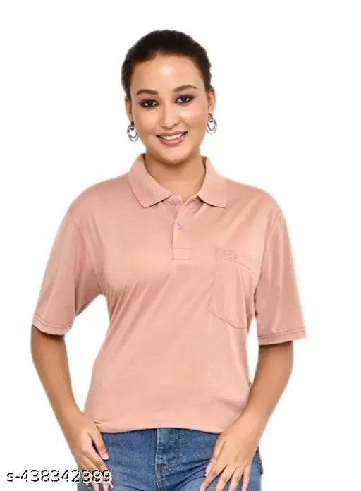 Regular fit cotton blend polo t-shirt for women, solid pattern, versatile casual wear
