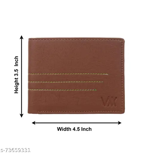 Tan PU leather wallet for men, regular size with 3 card slots and textured design, free size (9cm x 11cm). Made in India