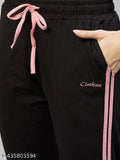 Black track pants with pink drawstrings and pockets, women's sportswear