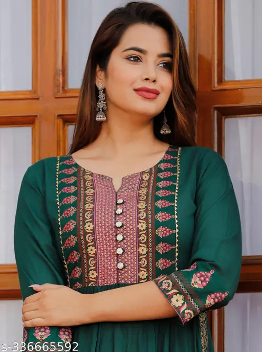 Embroidered Rayon kurti, 3/4 sleeves, Naira Cut printed design with button and lace work, various sizes available from S to XXXL, Indian origin