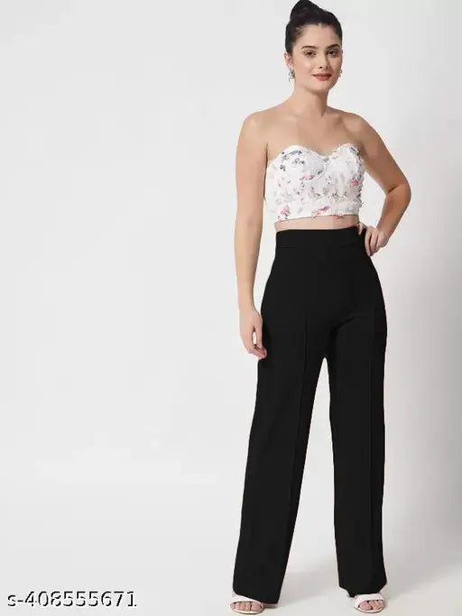 Stylish cotton blend high-waist bell bottom trousers set for women - Solid color, versatile fashion choice, made in India