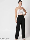 Stylish cotton blend high-waist bell bottom trousers set for women - Solid color, versatile fashion choice, made in India
