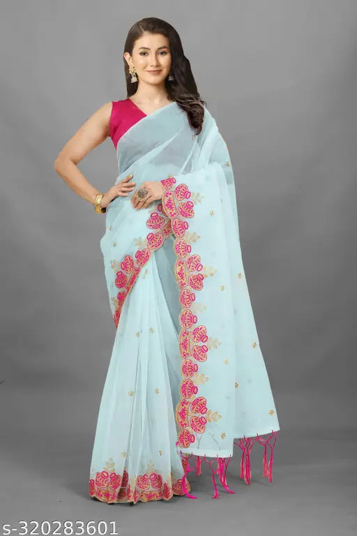 Mustard yellow Matka saree with dupion silk blouse, featuring intricate embroidery work on soft super net fabric