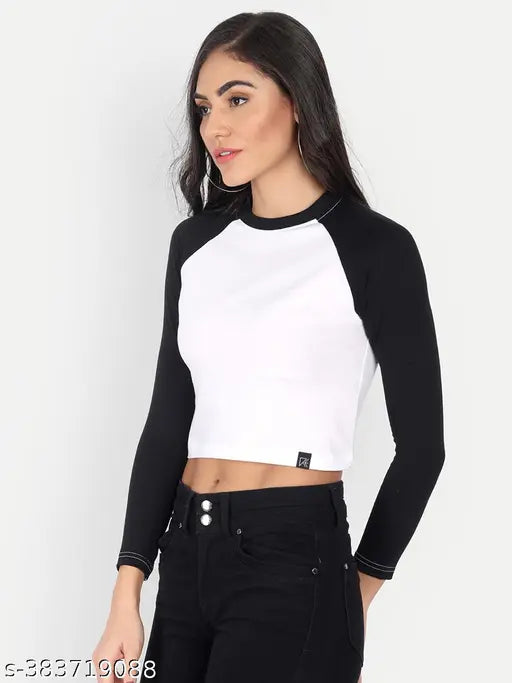 Cotton crop raglan t-shirt, solid color long sleeves for women, size XS (34in bust), made in India