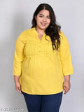 Yellow rayon longline top with three-quarter sleeves, plus size, solid mandarin collar, impression brand