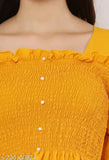 Trendy crepe fabric plazo top for women, solid-colored, short sleeves. S (Bust 34", Length 20"), M (Bust 36", Length 20"), L (Bust 38", Length 20"), XL (Bust 40", Length 20"). Made in India