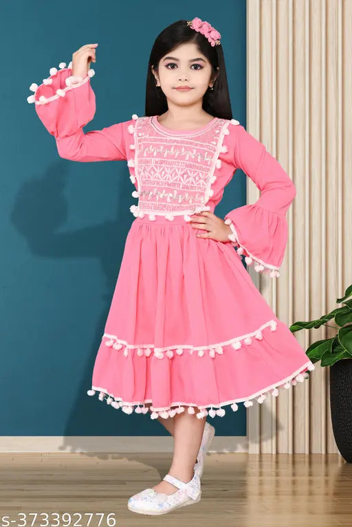 Girl's cotton party frock, design with ruffled sleeves, pink