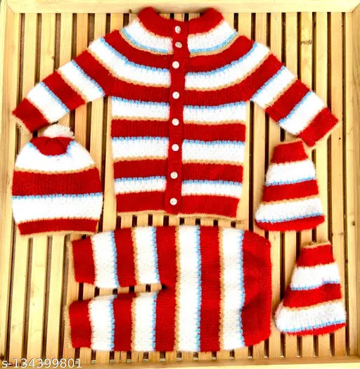 Soft, striped woolen knitted newborn baby set by Aman Knitter - ideal winter wear for 0-6 months infants