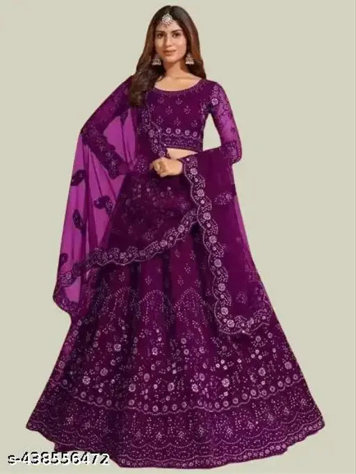 High-quality embroidered lehenga choli set in net fabric, perfect for women's party wear and wedding events. Free size, Indian origin