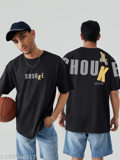 Black oversize cotton t-shirt, printed design, three-quarter sleeves - JUMP CUTS men's fashionable outfit accessory