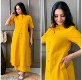 yellow kantha cotton coord set for all age women, solid begonia pattern, three-quarter sleeves, palazzo bottoms