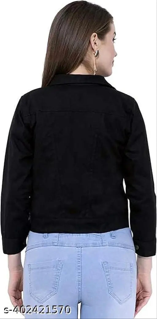 Black denim women's jacket with long sleeves, dyed/washed, multiple sizes available from XS to 4XL