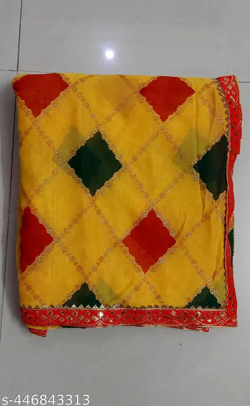 Georgette striped peacock saree in yellow, checkered print, traditional design, new arrival for Diwali and Chhath pooja festivals
