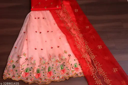 Embroidered kids net lahenga choli in dupion silk, semi-stitched costume wear for special occasions