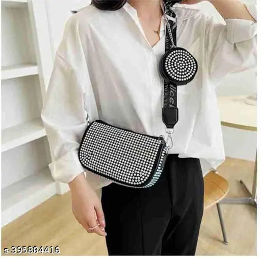 Rhinestone-Embellished Canvas Square Bag with Coin Purse, for Glamourous Storage Solutions - India