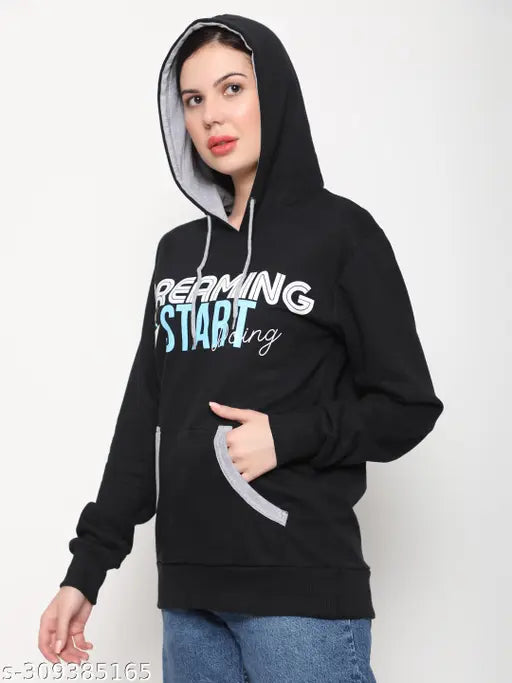 Women's black cotton pullover sweatshirt with printed typography and hood, long sleeves, 2 pockets, size S (38in bust, 26in length)