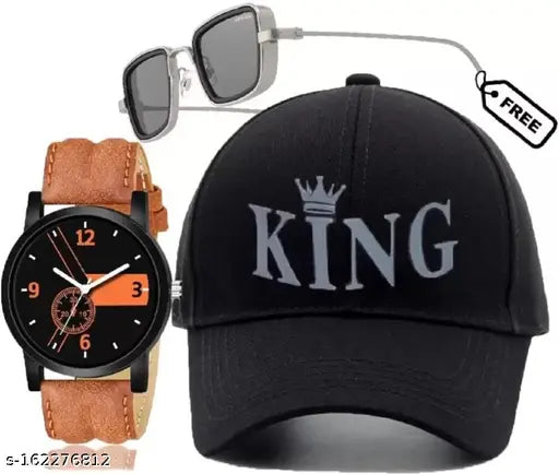 Black cotton baseball cap with self-design net, UV protection sunglass combo and stylish analog watch - men's and boys accessory set from India