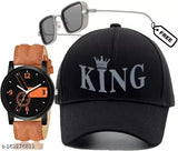 Black cotton baseball cap with self-design net, UV protection sunglass combo and stylish analog watch - men's and boys accessory set from India