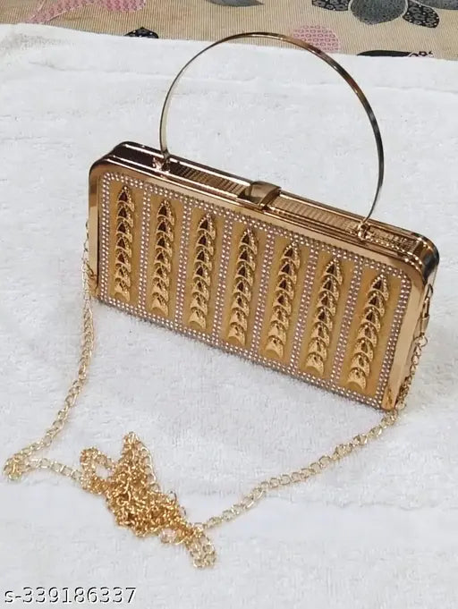 Golden Fancy Bridal Clutch Sling Bag with a Chain Handle