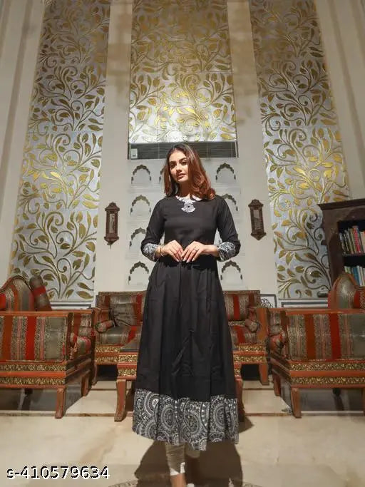 Rayon printed Anaarkali Kurti, long sleeves, Indian ethnic wear in sizes S-XXXL