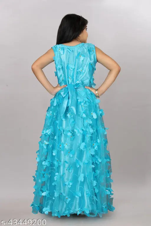 Aqua Blue Net Frock for Girls (2-12 years), embellished with butterfly embroidery, comes in packs of 1