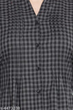 Grey checked cotton tunic top: Three-quarter sleeves, V-neck, button front, mandarin collar - Indian casual wear
