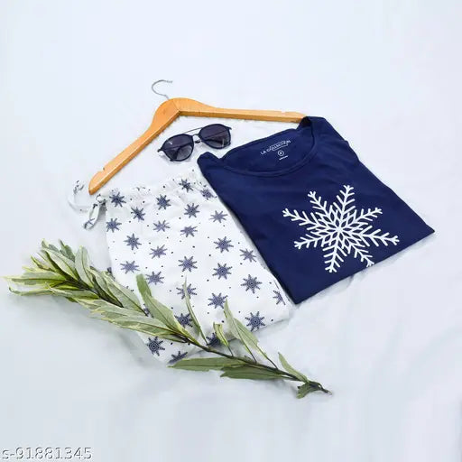 Pinkdots Night Suit: Navy blue cotton T-shirt & white pyjama set, long sleeves, size options available
