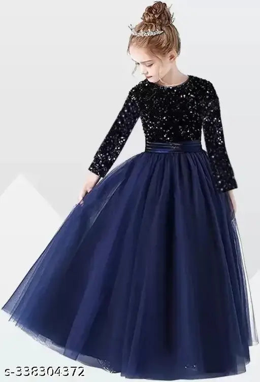 Embellished net long-sleeved gown for girls (9-10, 10-11, 11-12, 12-13, 13-14, 14-15 years), velvet and nylon fabric, party dress with zipper back, ready to wear in various sizes