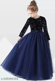 Embellished net long-sleeved gown for girls (9-10, 10-11, 11-12, 12-13, 13-14, 14-15 years), velvet and nylon fabric, party dress with zipper back, ready to wear in various sizes