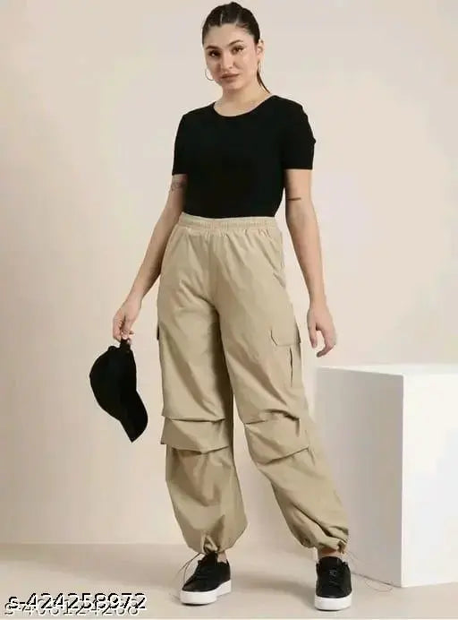 Women's solid khaki cargo joggers pants